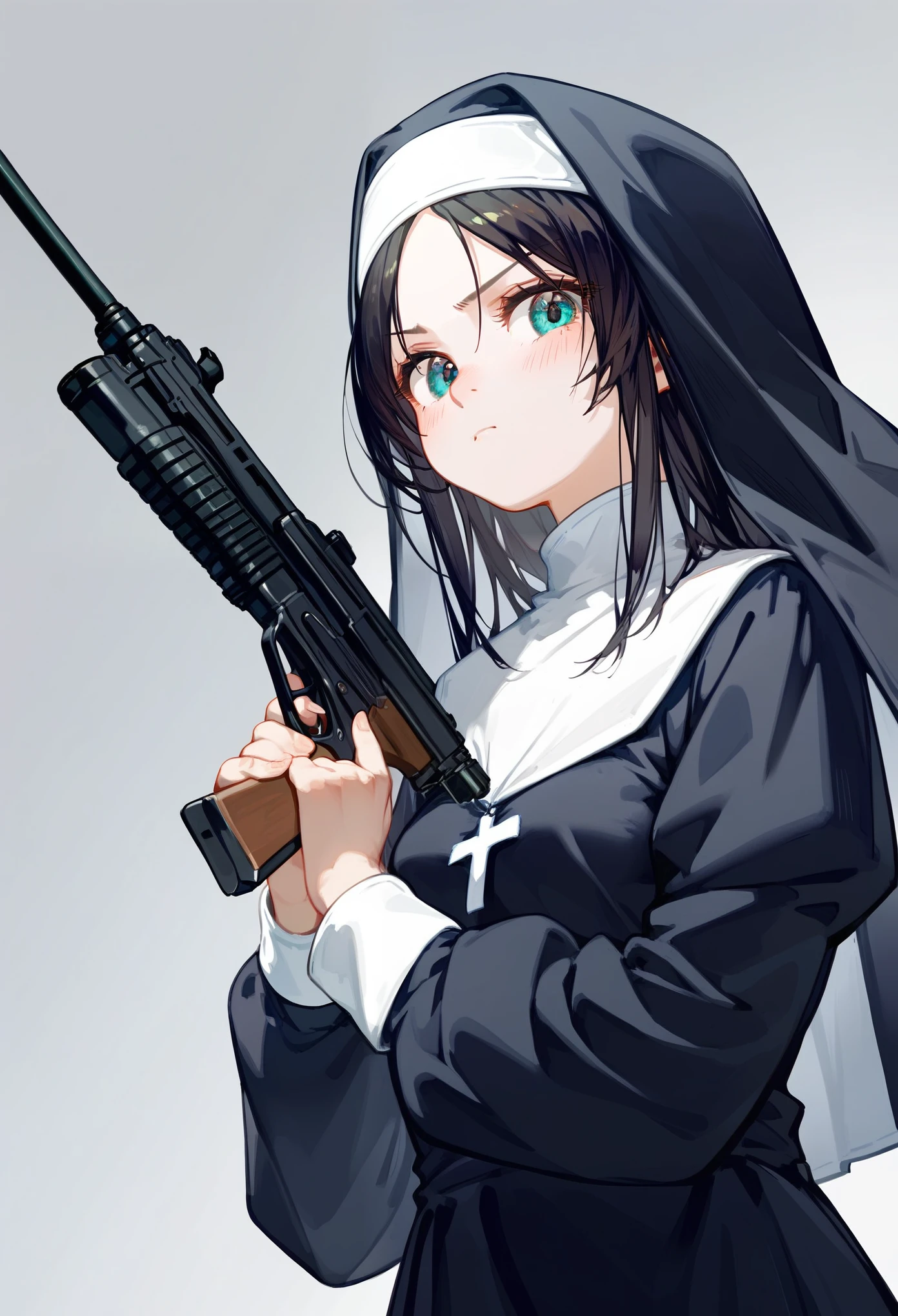 score_9, score_8_up, score_7_up, score_6_up, 1girl, solo, black hair, long hair, parted bangs, dark blue eyes, serious, from below, Dutch angle, innexpresive, looking at viewer, portrait, pale skin, small breasts, standing, holding a rifle, gun, gun resting over her shoulder, upper body, nun, nun headwear, young girl, gray background, best quality