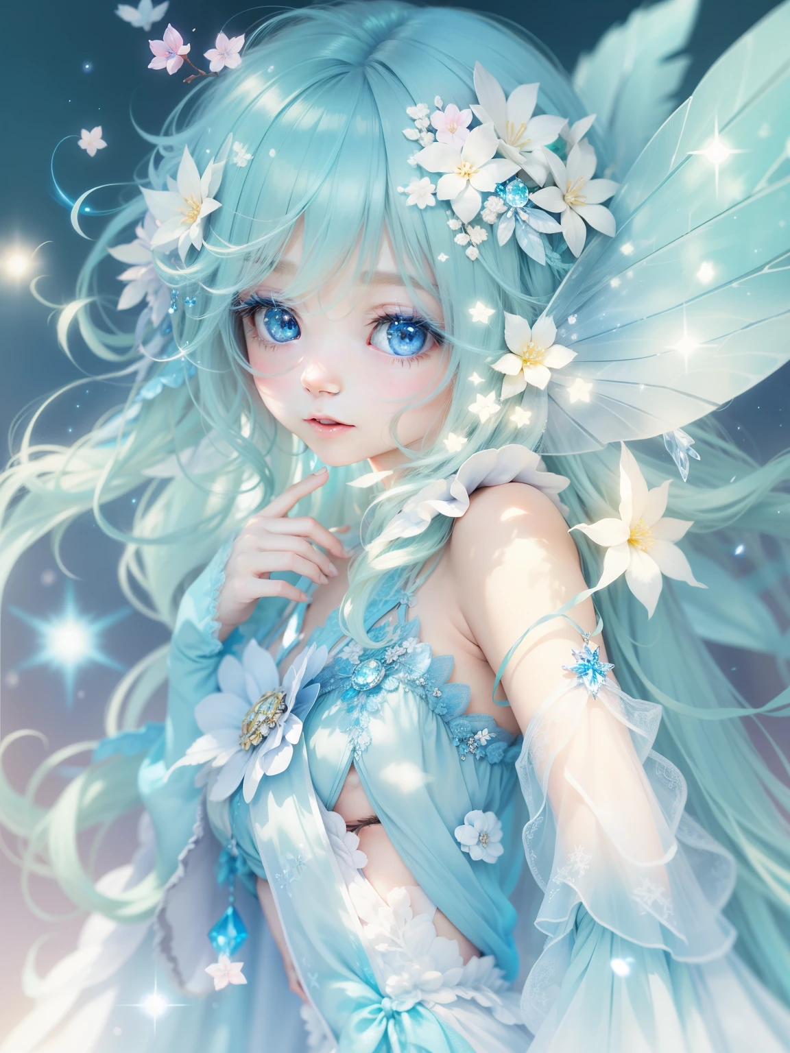 Blue Fairy、gentle、cute、Blonde、blue eyes、Crystal clear feathers、fluffy、Sparkling
