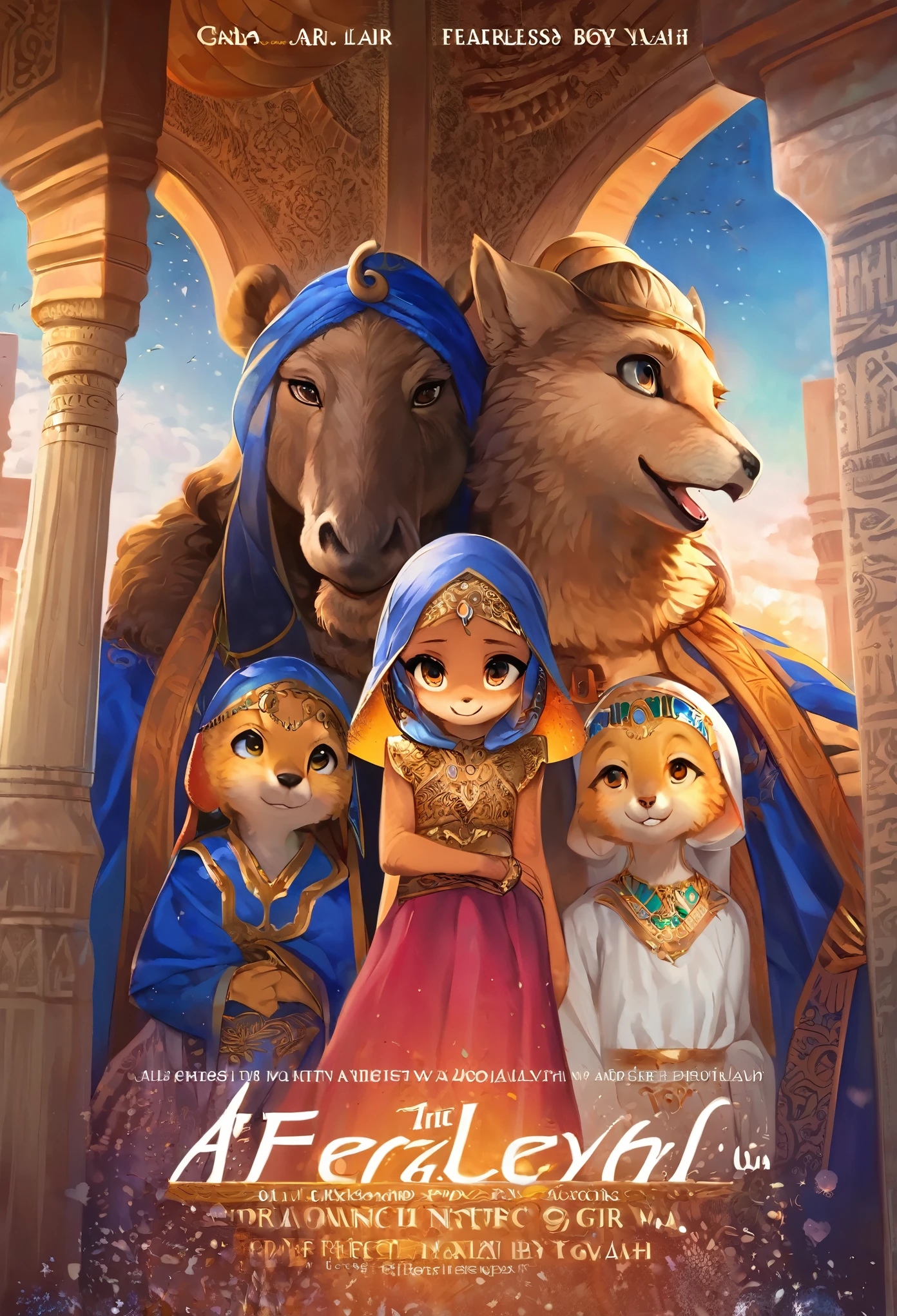 movie poster, highres, top quality, best quality, paid reward available, unparalleled masterpiece, perfect artwork, absurdres, High-quality illustrations, super high resolution, detailed background, perfect anatomy(1girl, 1boy, couple, kemono, furry anthro, fearless smile, Arab national costume, love romance)The Arabian Nights, Alf Laylah wa Laylah,