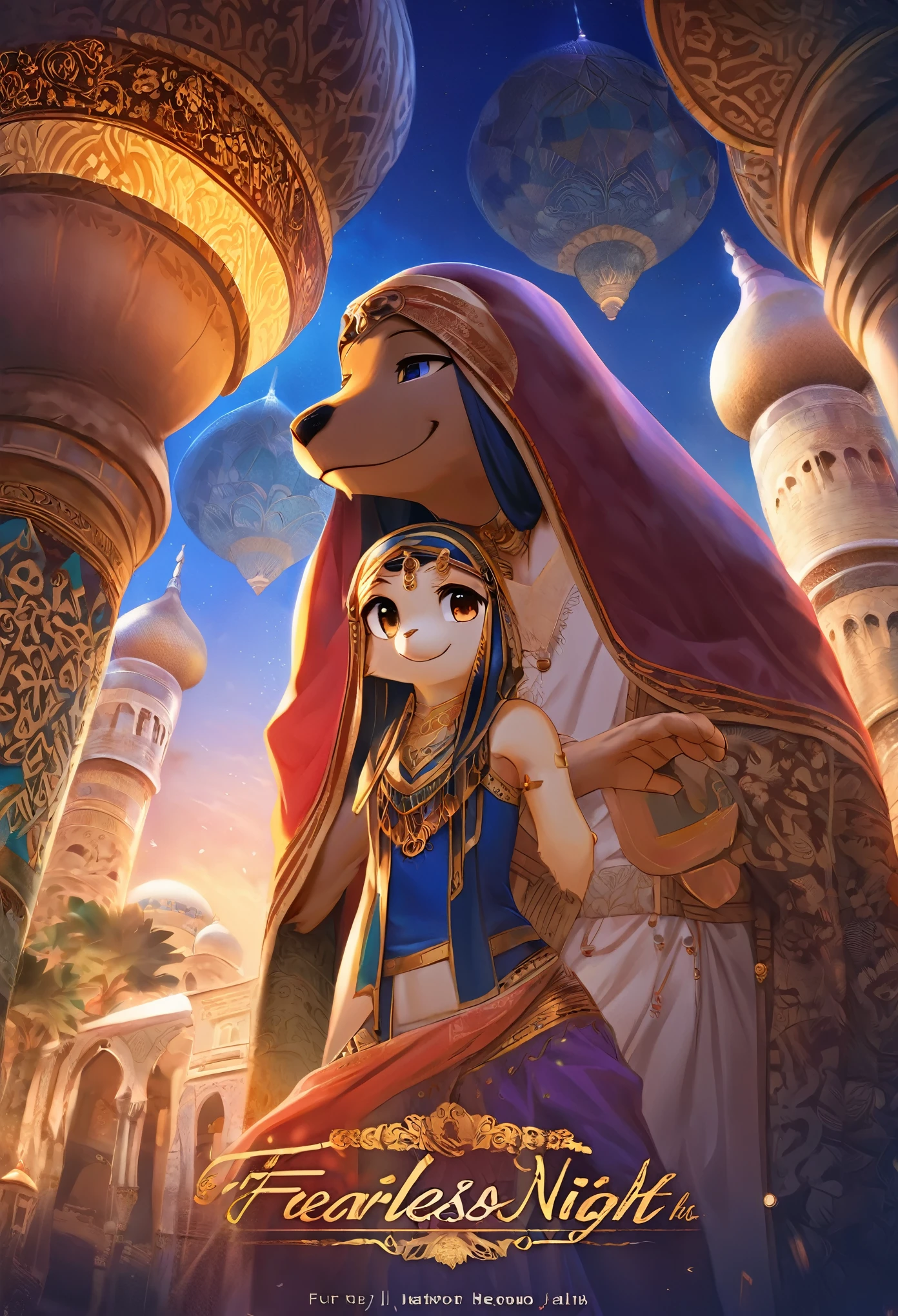 movie poster, highres, top quality, best quality, paid reward available, unparalleled masterpiece, perfect artwork, absurdres, High-quality illustrations, super high resolution, detailed background, perfect anatomy(1girl, 1boy, couple, kemono, furry anthro, fearless smile, Arab national costume, love romance)The Arabian Nights, Alf Laylah wa Laylah,