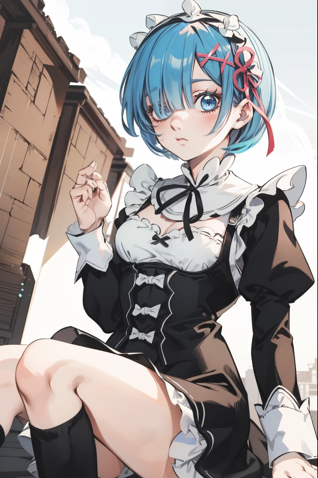 rezeroRem, Rem, blue eyes, Blue Hair, hair ornaments, Hair on one eye, hair ribbon, short hair, x hair ornaments,
break apron, black ribbon, black skirt, Black sleeves, Detachable collar, Removable sleeves, flower, Frillsエプロン, frilled skirt, Frills, 頭flower輪, Long sleeve, Maid, miniskirt, neck ribbon, purple ribbon, ribbon, ribbon trim, ribbon-trimmed sleeves, roswaal mansion Maid uniform, short hair, skirt, Knee socks, Waist apron, White apron, white Knee socks,
break outdoors, city,
break looking at viewer, 
break (masterpiece:1.2), highest quality, High resolution, unity 8k wallpaper, (figure:0.8), (Beautiful fine details:1.6), extRemely detailed face, Perfect lighting, extRemely detailed CG, (Perfect hands, Perfect Anatomy),