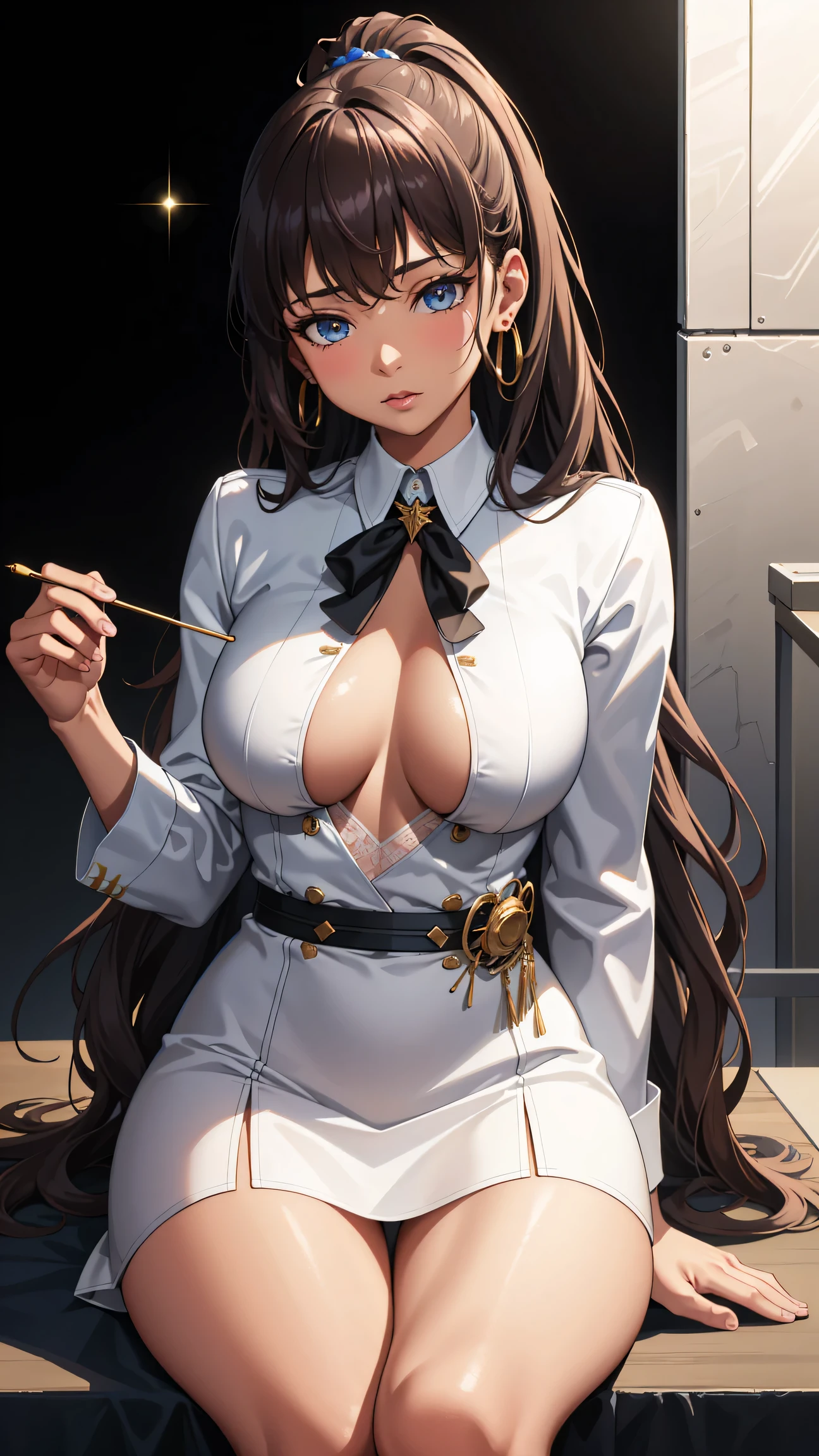 (best quality:1.5, highres, UHD, 4K, detailed lighting, shaders), white curly floral haired, gradient hair, large breasts, suit, T-shirt, social shirt, short skirt, mature woman , (pov), white background, colorful eyeshadow, dramatic lighting, sparkling eyes, sensual expression, golden earrings, flowing hair, delicate facial features, brown skin, high cheekbones, urban setting, black background, dont look for the camera, sitting on a chair upside down,  behind  the camera