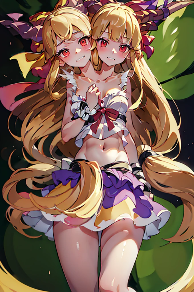 (masterpiece, best quality), best quality, (ultra-detailed), (3heads:1.5), 1girl, (suika ibuki:1.3), masterpiece, (best quality:1.5, highres, UHD), highres, absurdo, ultra detail, ultra quality, Ultra resolution, tattered pale pink top, crop top, ((stomach)), midriff, ((groin)), purple and pink skirt, normal ears, shackles, blonde hair, very long hair, wavy hair, sidelocks, red eyes, detailed eyes, parted lips, sweat, cute, toned belly, hand on own chest, eyelashes, (25 year old woman:1.3), (masterpiece:1.5), (best quality:1.5), (beautiful detailed), extremely detailed CG, extremely delicate and beautiful, depth of field, (finely detailed face), (perfect details:1.2), (mature female:1.3), wide pelvis, slender, large veiny breast, 16k resolution, very high quality, very high definition, extremely detailed, masterpiece, blonde hair, long hair, alluring presence, braid, short skirt, close up, big tits, young, two long straight oni horns on her head, decorated with ribbons, open belly, nsfw, midriff, girl with three heads,
