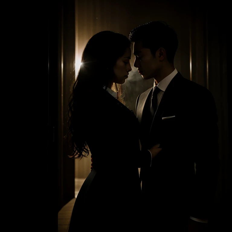 Create an image of a woman sighing sadly on one side, and on the other, a couples Singaporean man and woman embracing each other. The environment is shrouded in darkness, obscuring their faces. (best quality, highres, ultra-detailed: 1.3), Moody, Dramatic, Melancholic, (gentle lighting: 0.3), (black and white filter: 1), (silhouette: 1), Woman wearing a long, elegant dress, Man in a sharp suit and tie, Woman's face obscured by her long, wavy hair, Couple's faces hidden in shadow, Smoke blowing gently in the background, Rain lightly falling