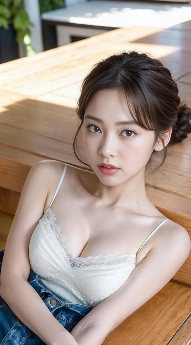 Dark brown hair、Light brown eyes、Japanese actress face、 Lady、I'Iは彼とIが好きです'I'Iは40歳くらいです.、(Intricate details:1.2)、(Which is the top???:1.4)、 (Ultra-high resolution:1.2)、Ultra-high resolution、(Finely tuned)、(Detailed facial features)、Hmph、8k resolution、D cup size breasts、Long Hair、Updostyle, Updo、Hair Bun、1 girl, A look of deep sadness, (Very detailedな美しい顔), (White camisole:1.5),Denim shorts、 (Expose your shoulders:1.3), (highest quality:1.4), (Very detailed)、Beautiful white skin, Angle from above、 Spread your legs wide, Open your mouth a little、I can see your legs、Pose of Weakness、Obscene pose、Street fashion、Hands placed on the table、
