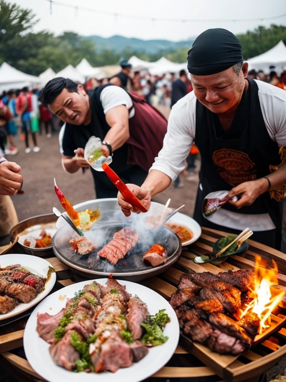 The 500 Arhats Barbecue Festival, All are muscular々The men, Group selfie, Flying meat and alcohol, Burning Fire