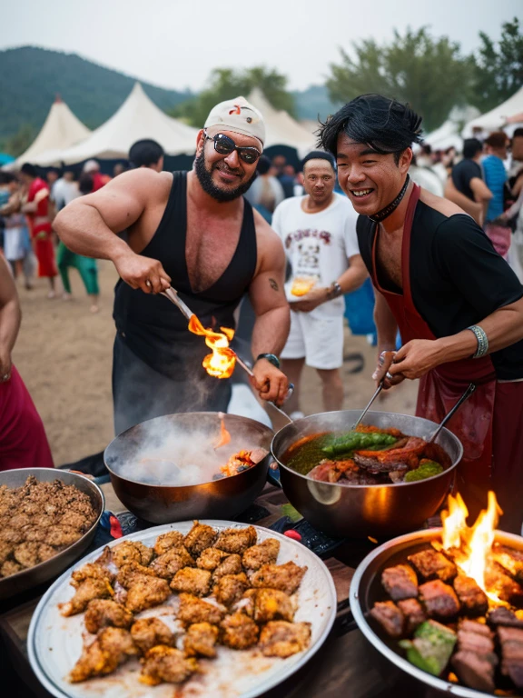 The 500 Arhats Barbecue Festival, All are muscular々The men, Group selfie, Flying meat and alcohol, Burning Fire