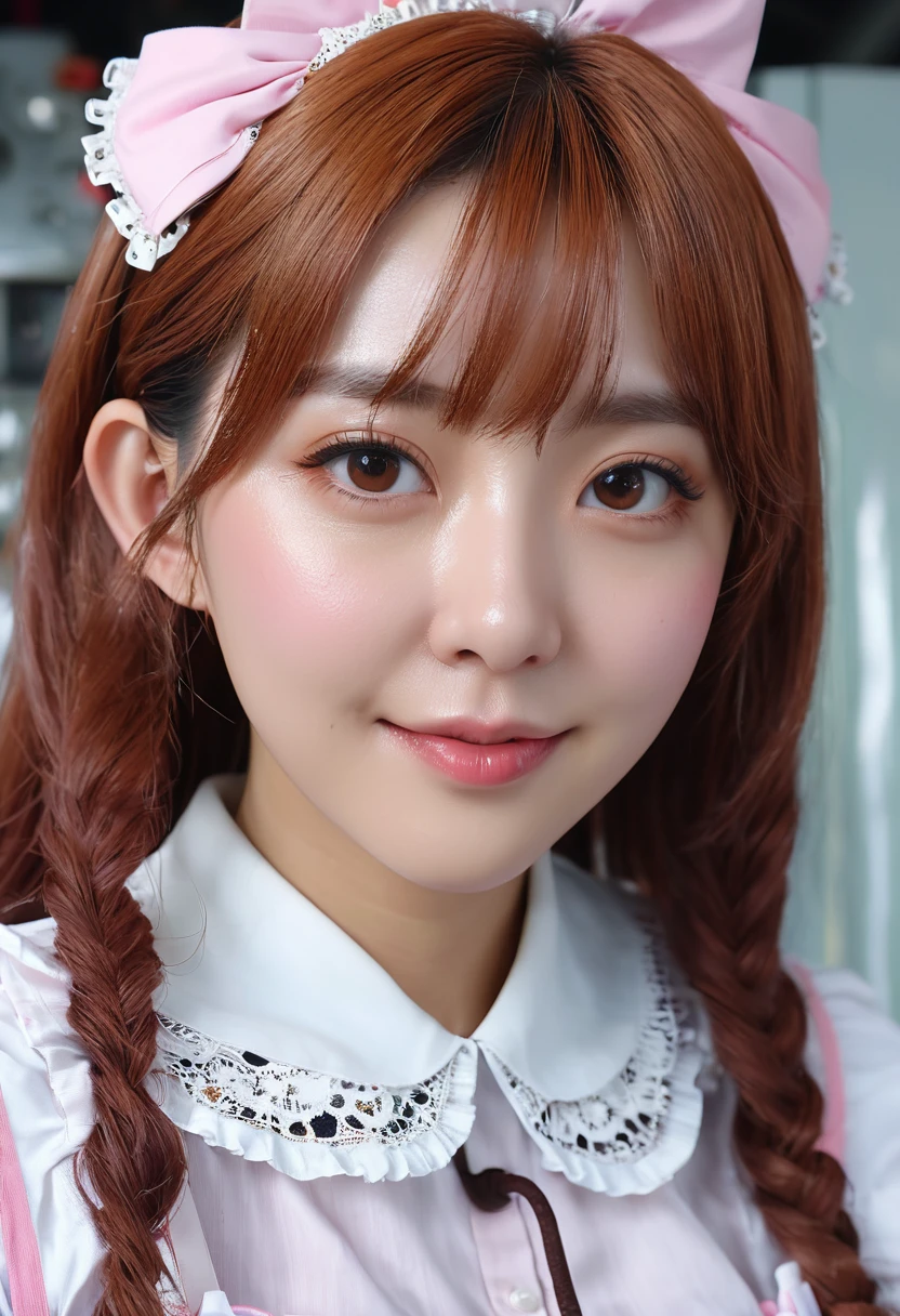 (8K、top-quality、​masterpiece:1.2)、(reallistic、Photorealsitic:1.37)、The ultra-detailliert、superrealism、(1 Maid of Humanoid Girl)、(((((Maids)))))、tre anatomically correct、Looking at the camera、All mecha from the neck down、android、Humanoid、cute little、Straight face、solo、(Redness of the nose)、(A smile:1.15)、beautidful eyes、Big eyes、(long:1.2)、Floating Hair Novafrog Style、Pink hair、Machine body、Body cable、pinafore、(((((Gears on the surface of the body、Body valves on the surface of the body、Transistors on the surface of the main unit、Vacuum tubes on the surface of the body)))))、cyberpunked、Raise your left leg、electrical cables、Reverse、((((retro-futuristic)))、Cyan LED、(((Inside the spacecraft)))、Stylish coffee shop with pink walls、、(((((((((tits))))) 、(((((Beautiful thighs)))))、(((((brown hair)))))、(((((mini skirtからPantiesが見えている))))) 、(((((mini skirt)))))、(((((Panties))))) 、(((((Beautiful thighs))))) 、Beautiful body、(((((bra))))) 