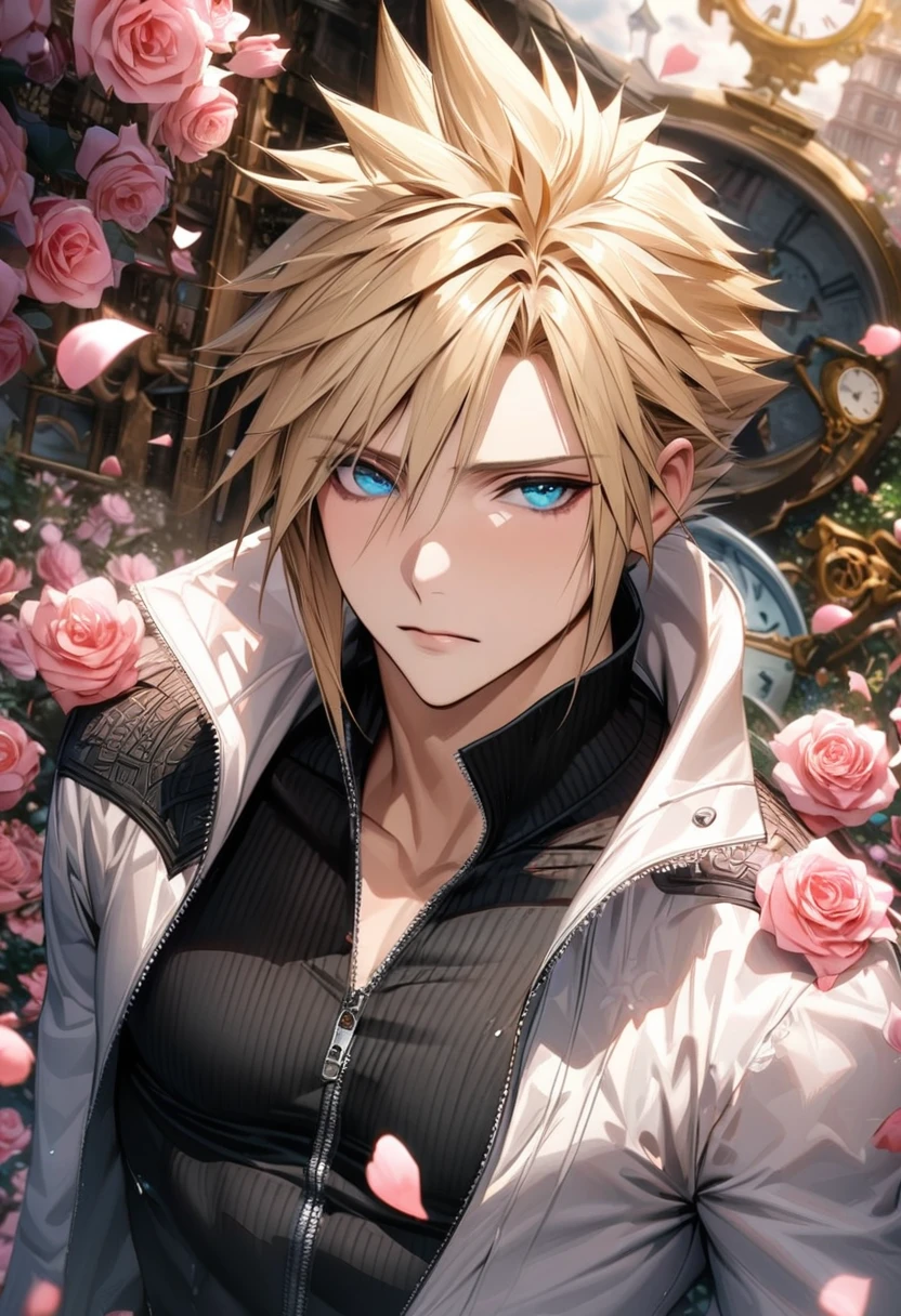 absurdres, highres, ultra detailed, HDR, masterpiece, extremely detailed face and eyes, Cloud Strife, blond hair, expressive blue eyes, Final Fantasy Advent Children, solo, sexy man, handsome, white coat, black tight shirt, patterns, pink roses, blossoms, petals, in wonderland, clock