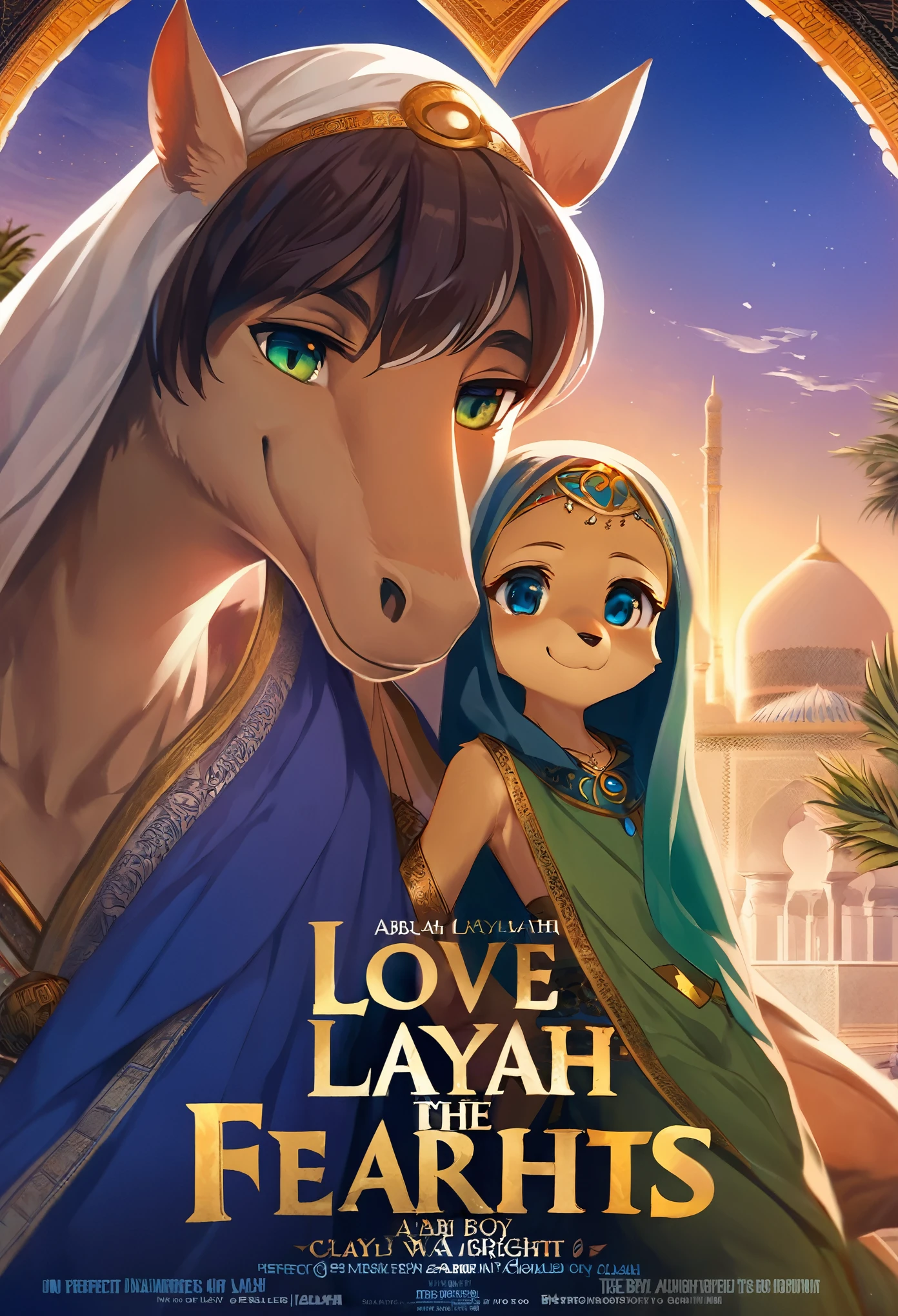 movie poster, highres, top quality, best quality, paid reward available, unparalleled masterpiece, perfect artwork, absurdres, High-quality illustrations, super high resolution, detailed background, perfect anatomy(1girl, 1boy, couple, kemono, furry anthro, fearless smile, Arab national costume, love romance)The Arabian Nights, Alf Laylah wa Laylah,