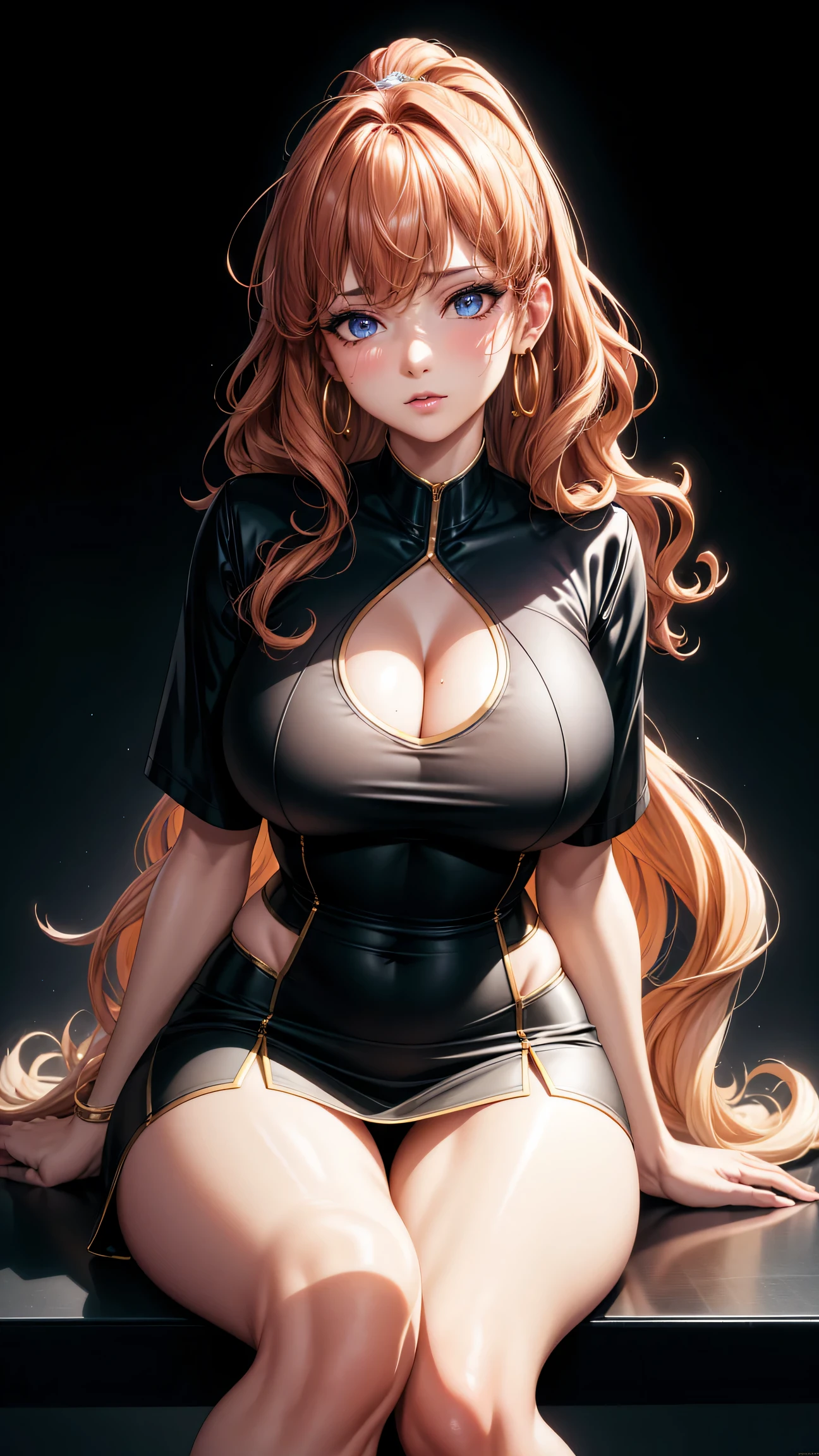 (best quality:1.5, highres, UHD, 4K, detailed lighting, shaders), gold curly haired, gradient hair, large breasts, suit, T-shirt, social shirt, short skirt, mature woman , (pov), black background, colorful eyeshadow, dramatic lighting, sparkling eyes, sensual expression, golden earrings, flowing hair, delicate facial features, soft skin, high cheekbones, urban setting, black background, dont look for the camera, sitting on a chair upside down, behind the camera