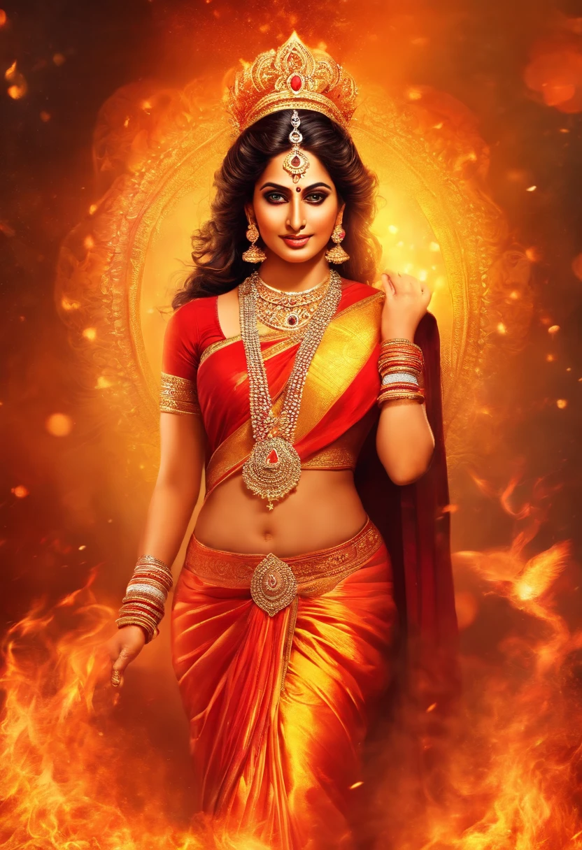 Hindu goddess wearing saree, jewellery with bright face looks like queen, Hindu goddess emerging from fire. look very sexy 