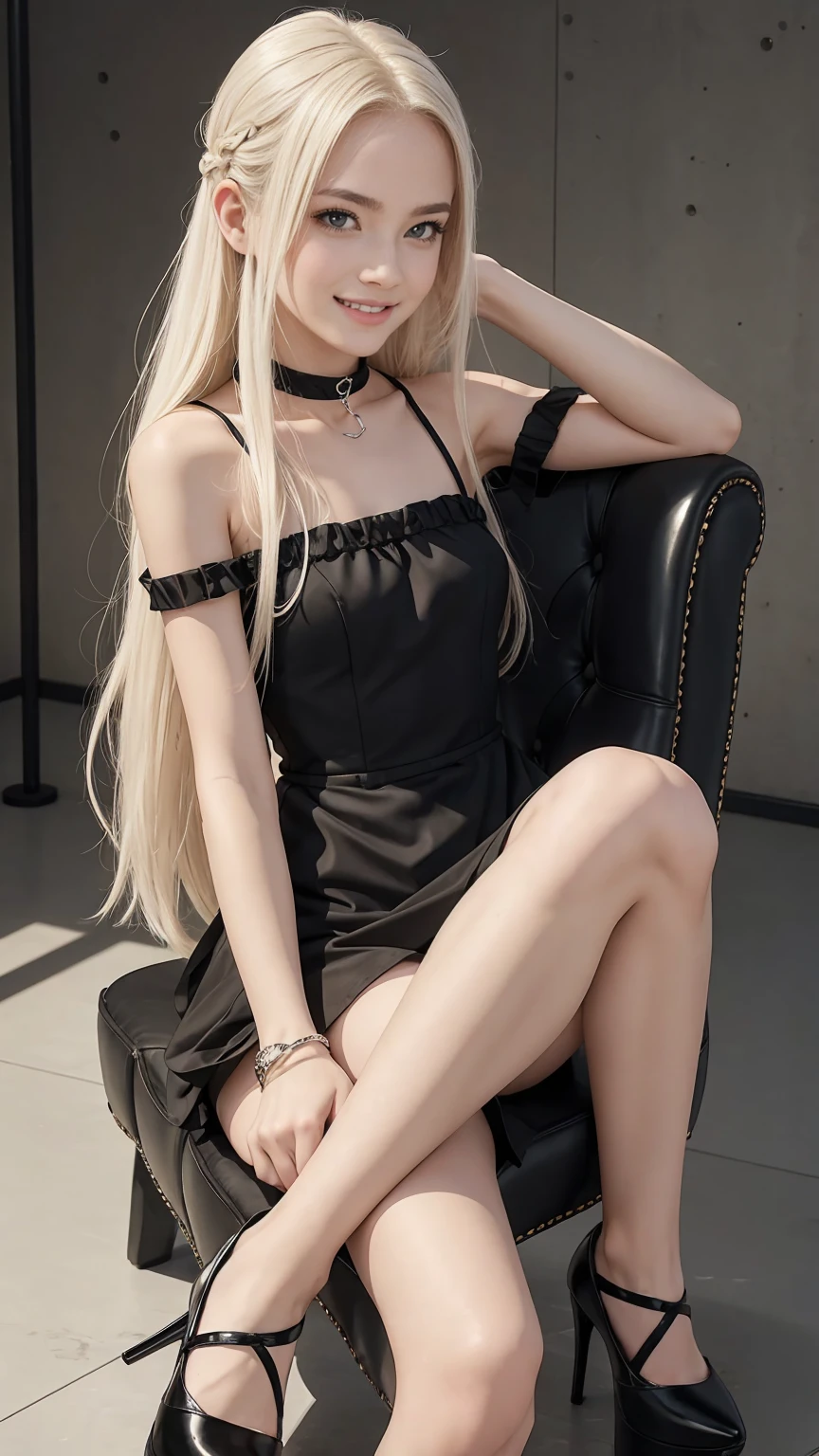 12 year old white female、Hair color is platinum blonde、blue eyes、long hair、straight hair、accessories on wrist、I'm wearing a choker、skin is smooth、smile、Slender but muscular body、My heart is pounding、smile、wearing a black skater dress、wearing black platform high heels、I'm sitting on a bathtube , resting my chin on my chin.