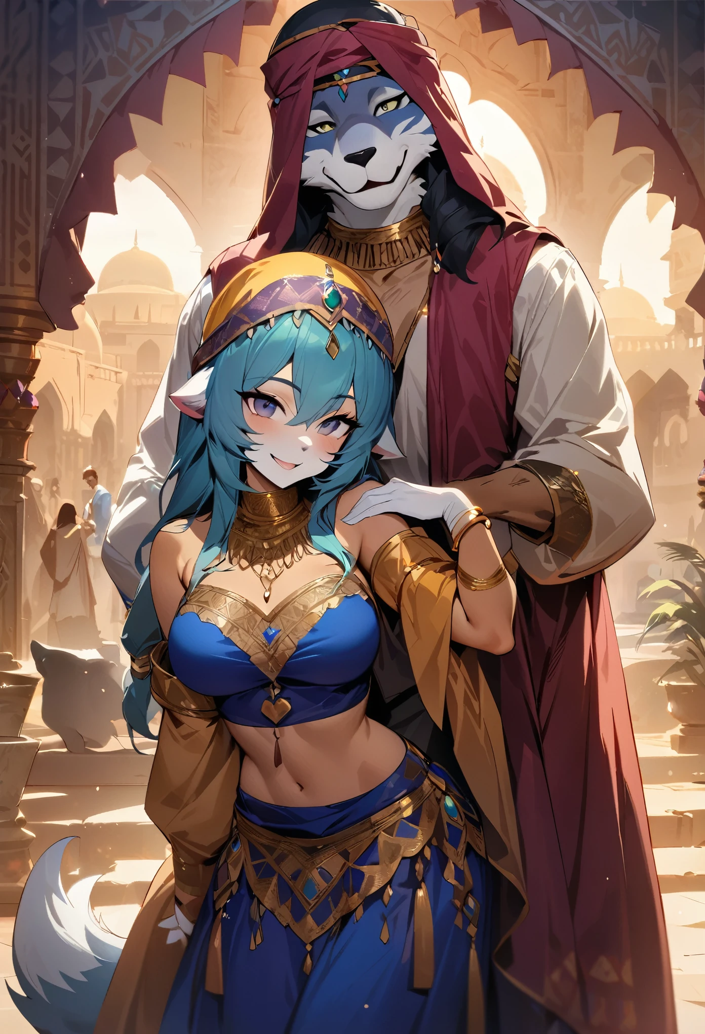movie poster, highres, top quality, best quality, paid reward available, unparalleled masterpiece, perfect artwork, absurdres, High-quality illustrations, super high resolution, detailed background, perfect anatomy(1girl, 1boy, couple, kemono, furry anthro, fearless smile, Arab national costume, love romance)The Arabian Nights, Alf Laylah wa Laylah,