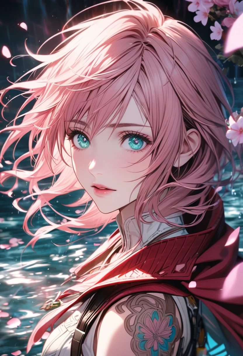 Ultra detailed, Highres, absurdres, Claire Farron, wavy pink short hair, aqua pale expressive eyes, Final Fantasy XIII, white dress with patterns, pink flowers, petals, extremely beautiful, woman, solo, very detailed eyes and face, black gloves, water, pink butterflies, red cape, Lightning Farron,
