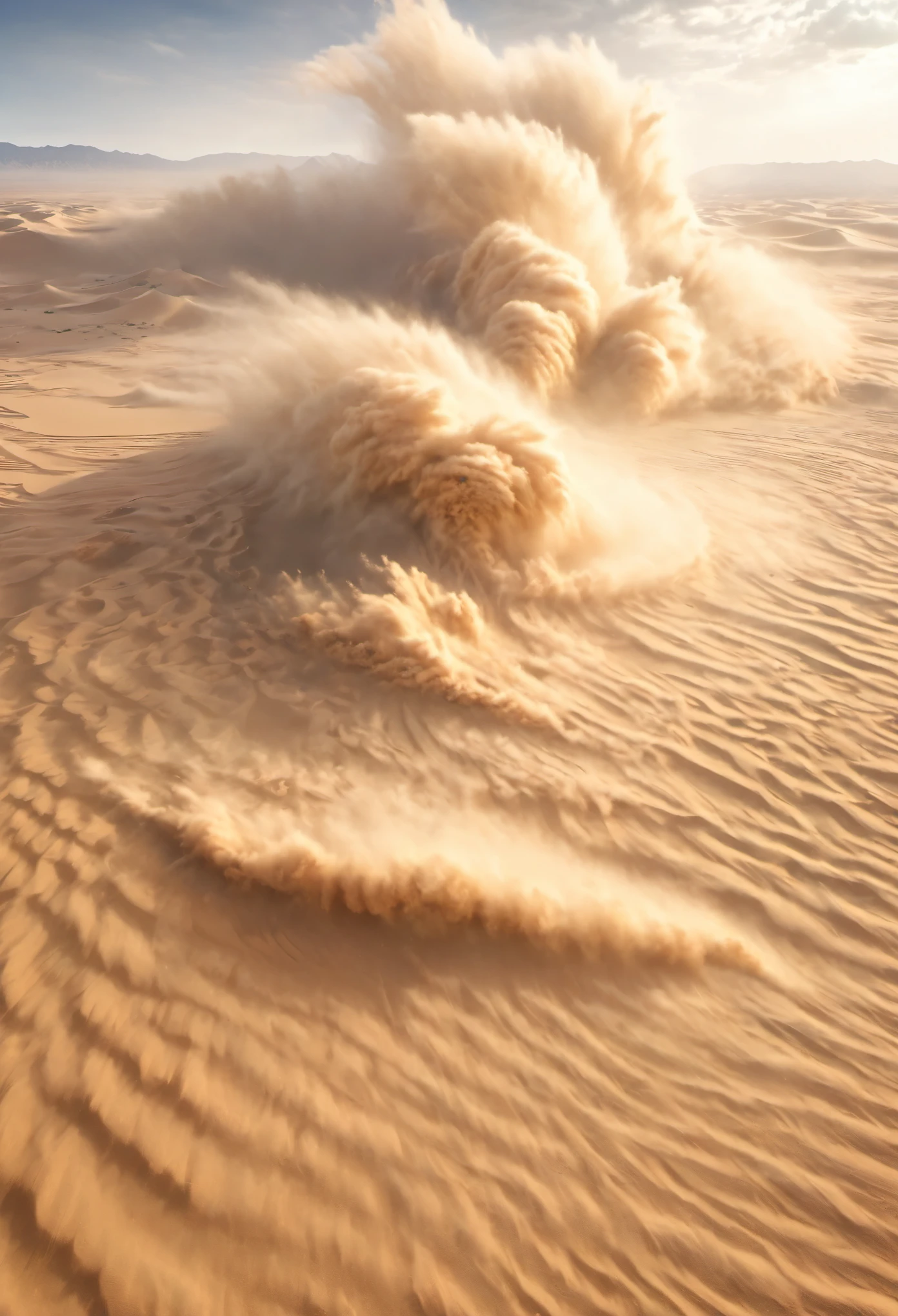 masterpiece, best quality, extremely detailed, hyperrealistic, photorealistic, aerial view shot, desert, sand vortex, sandstorm, strong wind, wave
