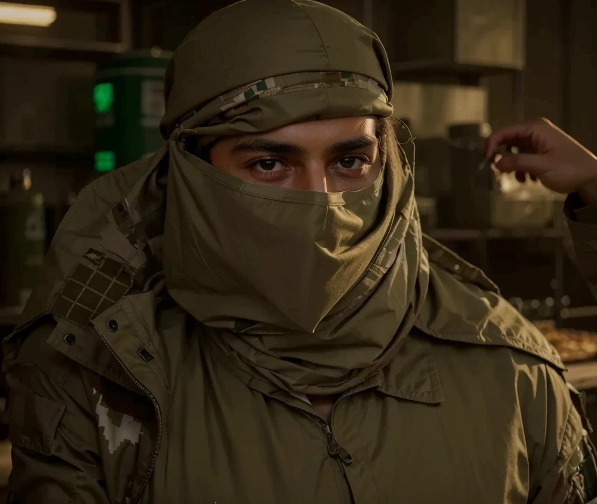 military man from Libya is pointing, covers his face and head with a keffiyeh, beige Soviet style military jacket, he is in a chemical laboratory, green toxic fumes, Ultra detailed, hyper realistic, 4k, Ultra detailed image, realistic, Highly detailed, perfect composition, Splendid, Intricately detailed, Incredibly detailed, 8K fine art photography, hyper detailed, Masterpiece, Ultra detailed, hyper realistic, 4k, Ultra image detailed, realistic, highly detailed, perfect composition, gorgeous, incredibly detailed, detailed, 8K fine art photography, hyper-detailed, masterpiece