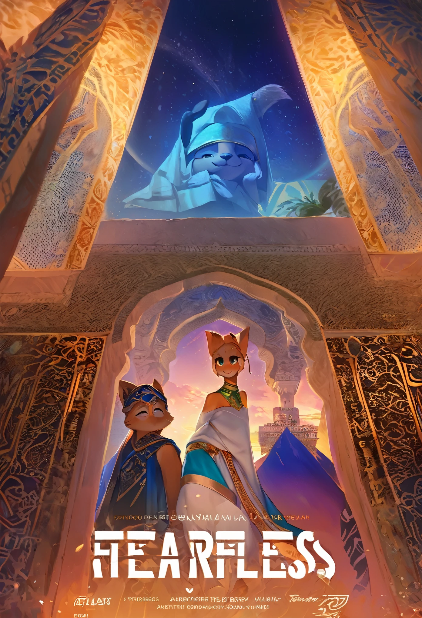 movie poster, highres, top quality, best quality, paid reward available, unparalleled masterpiece, perfect artwork, absurdres, High-quality illustrations, super high resolution, detailed background, perfect anatomy(1girl, 1boy, couple, kemono, furry anthro, fearless smile, Arab national costume, love romance)The Arabian Nights, Alf Laylah wa Laylah,