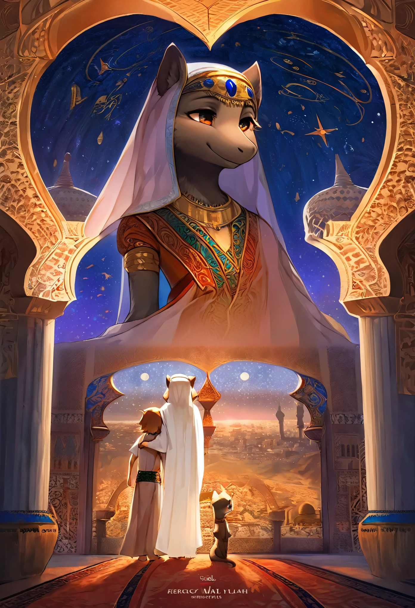 movie poster, highres, top quality, best quality, paid reward available, unparalleled masterpiece, perfect artwork, absurdres, High-quality illustrations, super high resolution, detailed background, perfect anatomy(1girl, 1boy, couple, kemono, furry anthro, fearless smile, Arab national costume, love romance)The Arabian Nights, Alf Laylah wa Laylah,