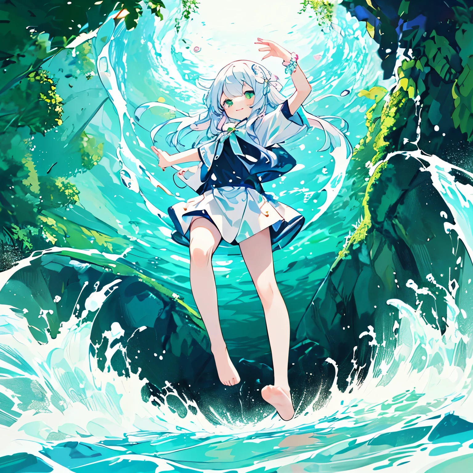 (PastelColors:1.2)、Fresh green background、girl with、A smile、Beautifully detailed、Moya、colourfull、marble、Particles of light、morning glow、From directly below、Girl jumping into the river、Jumping、clear stream、Rock、summer clothing、Deep River、Water droplets、Dynamism
