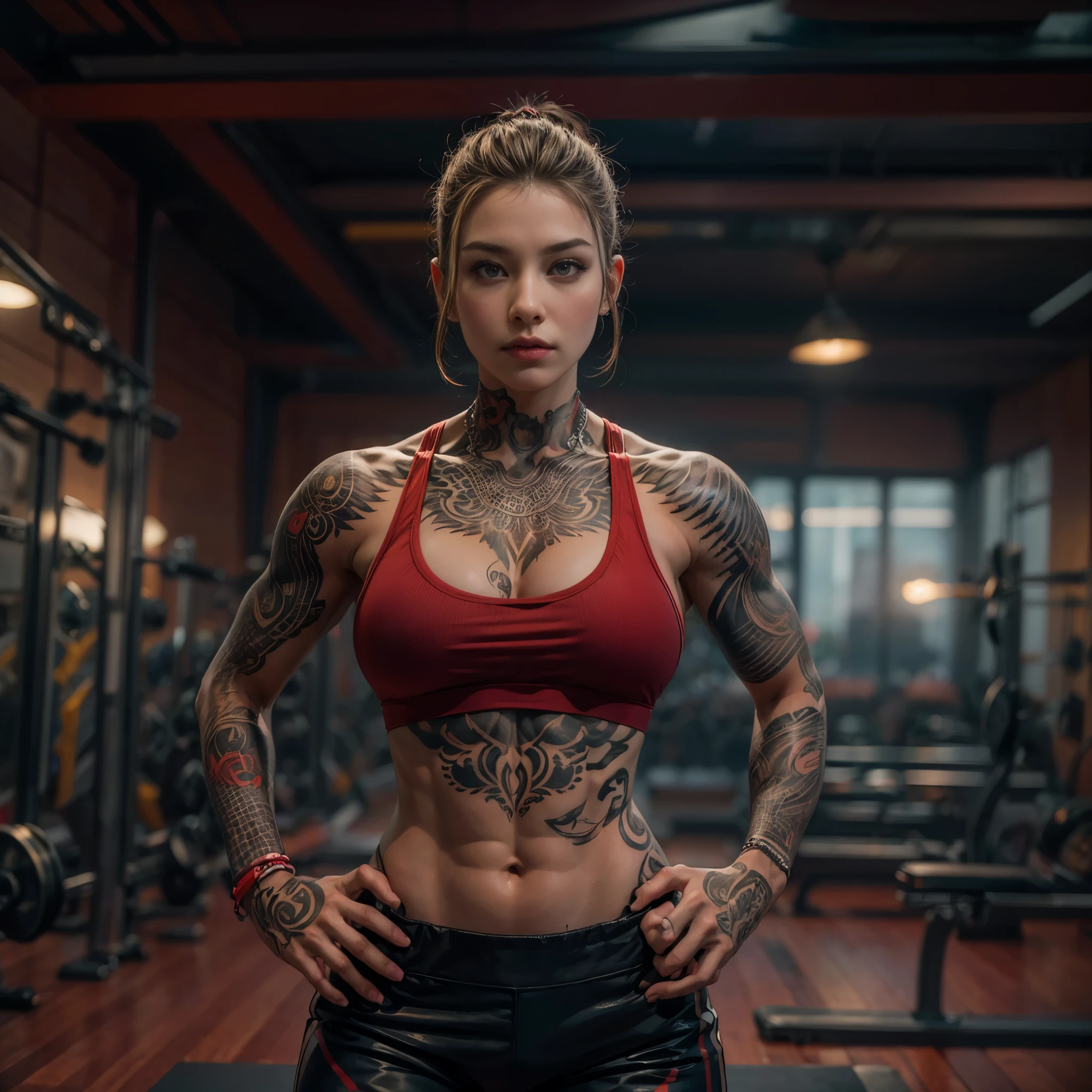 ((top-quality, 8K, masterpiece:1.3)),photorealistic portrait of tattooed girl , wearing detailed red sports bra and leggings, Emphasizes abdominal muscles, (muscular body like a bodybuilder), lot of black tattoos on body, tattooed body, while the chest tattoo adds a cinematic touch to the scene amidst the black tattoo, cinematic lighting completes the overall atmosphere ,in the gym background,(standing, half body image:1.5)