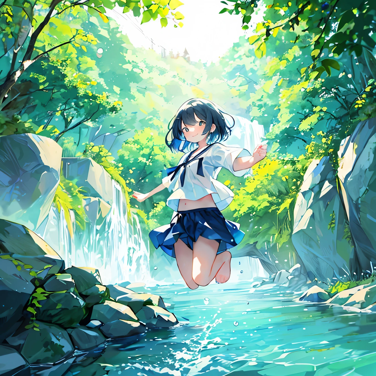 (PastelColors:1.2)、Fresh green background、girl with、A smile、Beautifully detailed、Moya、colourfull、marble、Particles of light、morning glow、From directly below、Girl jumping into the river、Jumping、clear stream、Rock、summer clothing、Deep River、Water droplets、Dynamism