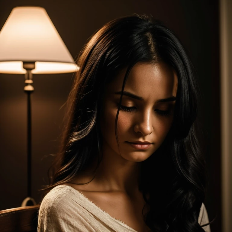 Create an image of a sad woman in a dark environment.
A melancholic woman, age 30,alone, with long, black hair falling in loose curls around her shoulders,sitting in a dimly lit room. Her eyes, a deep, sad brown, were filled with unshed tears, reflecting the soft, flickering light from an old table lamp. Her face, pale and drawn, bore the weight of the world, with small lines creasing her forehead and hollows beneath her eyes. A simple, thin white blouse clung to her slender frame, and her bare shoulders shuddered slightly from the chill in the air. She clutched a frayed, old blanket tightly to