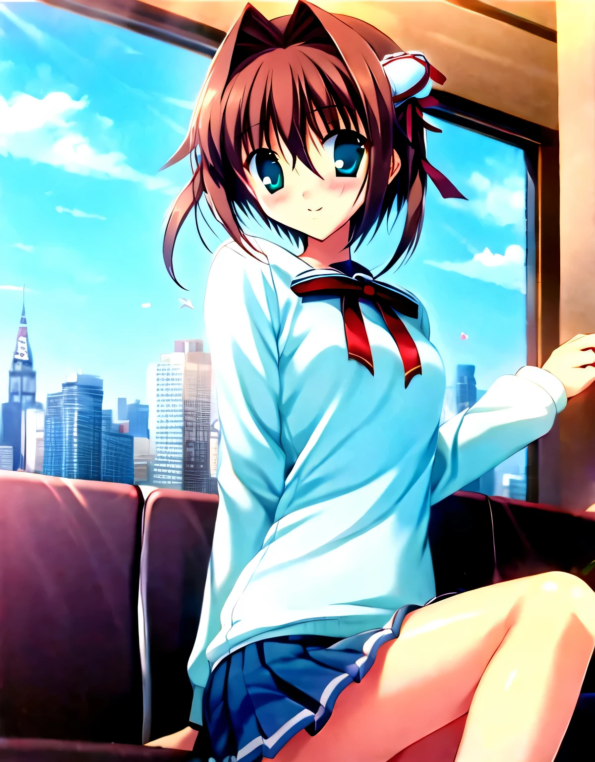 asakura_yume,Brown Hair,Medium Chest,Aqua Eye,White skin,city,No sleeve_sweater,mini skirt,