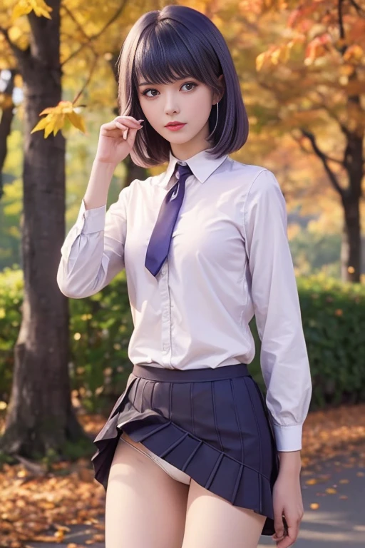 (highest quality、In 8K、32k、masterpiece、Hmph、超A high resolution、Impressionism、Photorealistic:1.2)、Cowboy Shot、Sharp focus、Detailed face and eyes Walking along the tree-lined path々Group of, October, during butn, in butn, Golden autumn, Golden Leaf, butn season, trending photo, November, but, beautiful画像, beautiful美学, autumn, butn season, good day, in butn, !!beautiful!!)、Sharp pupils、リアルな瞳のbeautiful顔、18歳のbeautiful少女、Glowing Skin、Very Short Hair、beautiful dark brown hair、Blunt bangs、Deep purple eyes、shirt、tie、Checked mini skirt、Black socks、(Wearing a skirt、Roll up your skirt、I see your white pants:1.3)、(Embarrassed look:1.2)、Mel Kishida, Purple Hair、((Sexual pose:1.5))、((Show me more panties:1.5))、