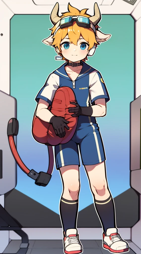 Two-dimensional boy,One-piece mountaineering suit,horn,cow ears,Put the headphones on your head,stand up,goggles,sports shoes,Slim,😊,Sailor collar,Knee socks,Short sleeve,Leg ring