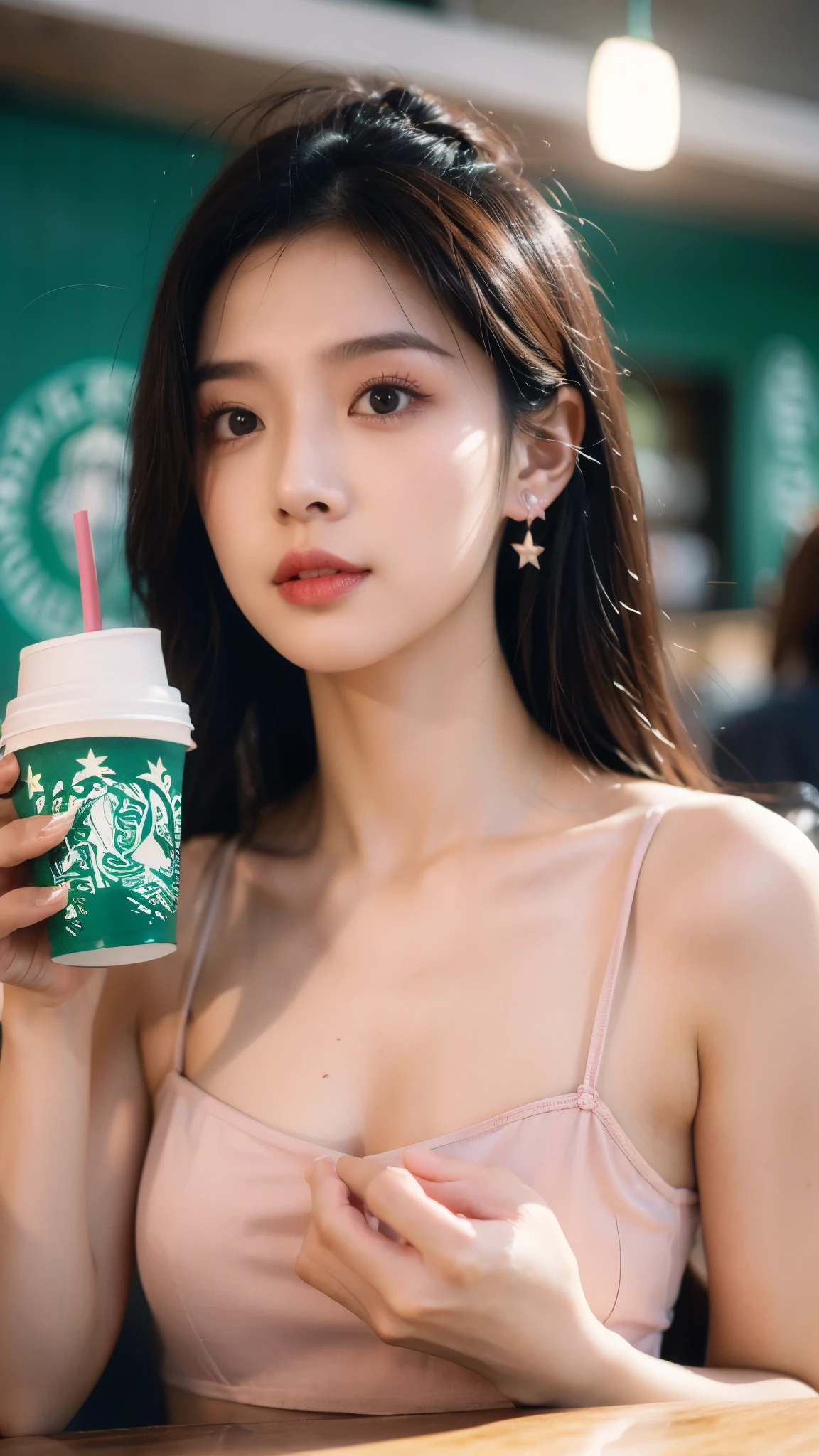  Exquisite lighting, focus stacking, Surreal, 8k,Black lining,belly button， long, Whitening of the inner corners of eyelashes, Pink blush and black lipstick, arched eyebrows, Leather Perforation, Diaphragm, Large pink hoop ears,  black long pink nails, Black and pink nails, ((Holding a Starbucks cup)), Tattoo, neck, winter background, Bokeh, Soft Focus,