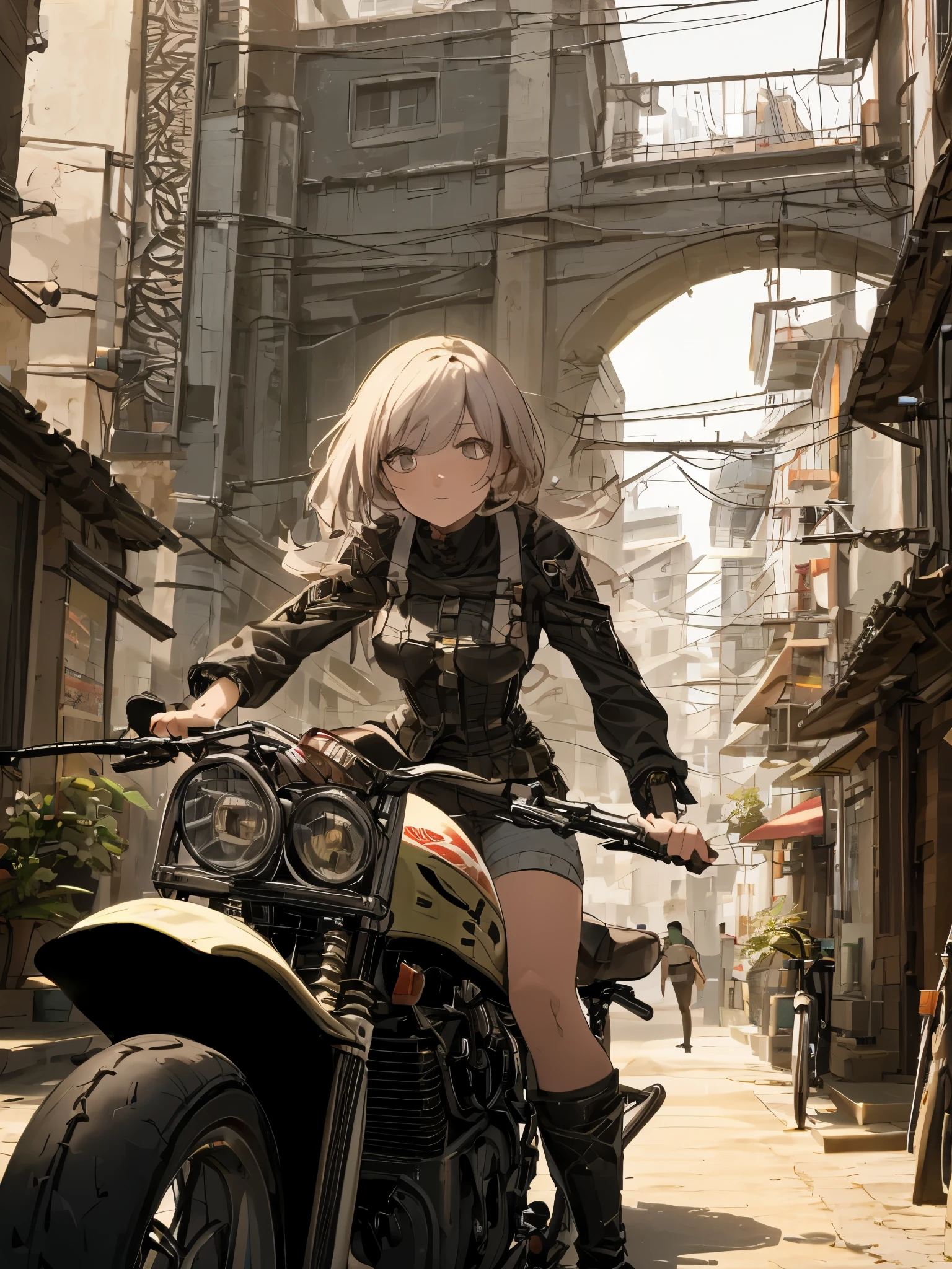 ((((obra de arte)))), alto quality, muito_alto_resolution, grande_tamanho do arquivo, cor cheia, steam punk apresentando um planeta futurista,, em uma floresta distante, bustling alien markets, e uma bicicleta off-road. The protagonist is a stunning girl in the upper body, 1 pessoa, loira, curto, bob, sorriso prateado, armas mecanizadas. vestindo uma blusa branca, shorts jeans desgastados, botas de engenheiro, e andando de bicicleta off-road.  beleza,