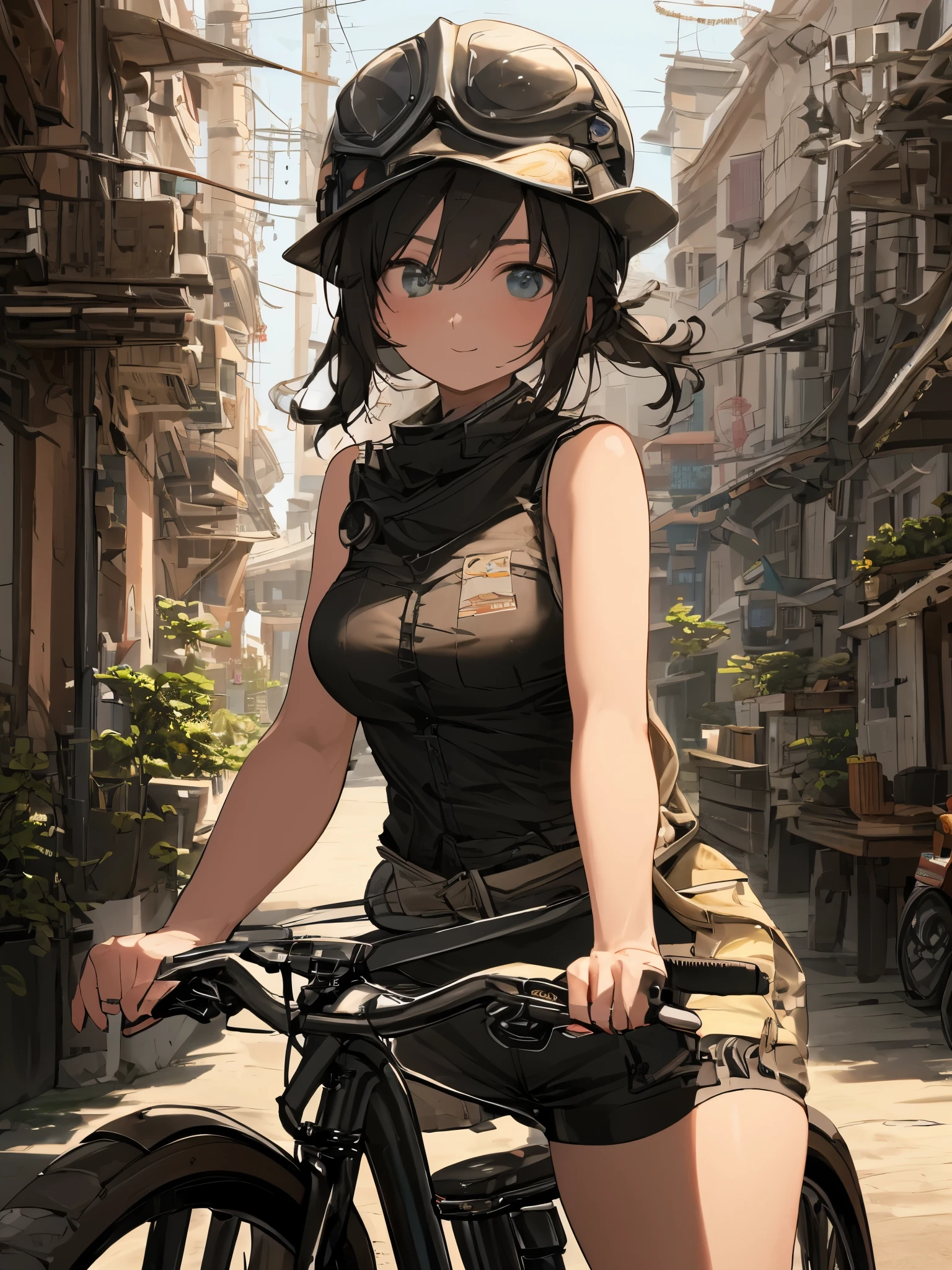 ((((obra de arte)))), alto quality, muito_alto_resolution, grande_tamanho do arquivo, cor cheia, steam punk apresentando um planeta futurista,, em uma floresta distante, bustling alien markets, e uma bicicleta off-road. The protagonist is a stunning girl in the upper body, 1 pessoa, loira, curto, bob, sorriso prateado, armas mecanizadas. vestindo uma blusa branca, shorts jeans desgastados, botas de engenheiro, e andando de bicicleta off-road.  beleza,