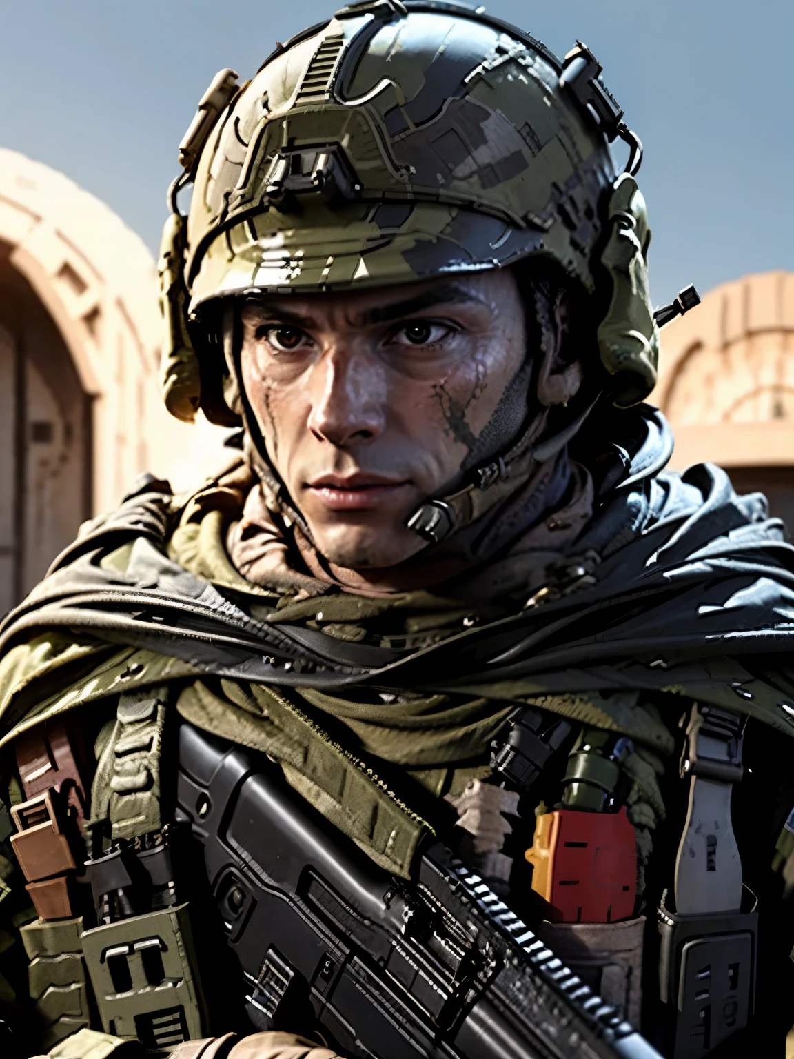 Soldier Helmet: A military helmet, shining under the sun with a bold insignia on its surface. The steel structure protects the head of the soldier wearing it, giving him a sense of security and determination. The straps are fastened tightly under the soldier's chin, ready for action.