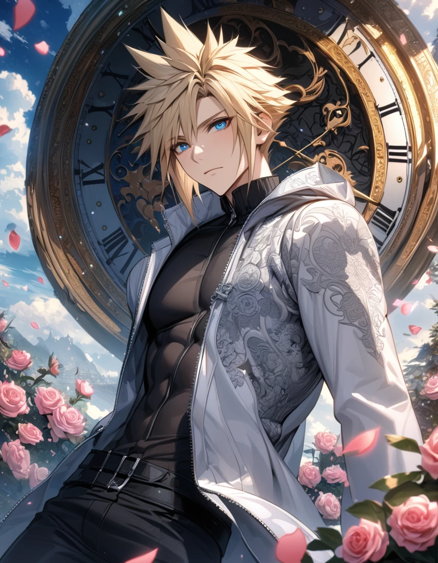 absurdres, highres, ultra detailed, HDR, masterpiece, extremely detailed face and eyes, Cloud Strife, blond hair, expressive blue eyes, Final Fantasy Advent Children, solo, sexy man, handsome, white coat, black tight shirt, patterns, pink roses, blossoms, petals, in wonderland, clock