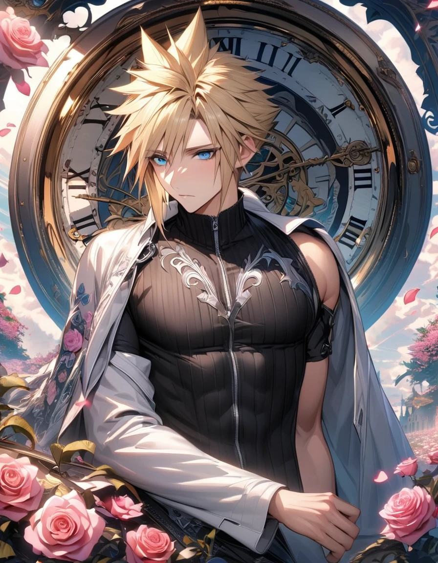 absurdres, highres, ultra detailed, HDR, masterpiece, extremely detailed face and eyes, Cloud Strife, blond hair, expressive blue eyes, Final Fantasy Advent Children, solo, sexy man, handsome, white coat, black tight shirt, patterns, pink roses, blossoms, petals, in wonderland, clock