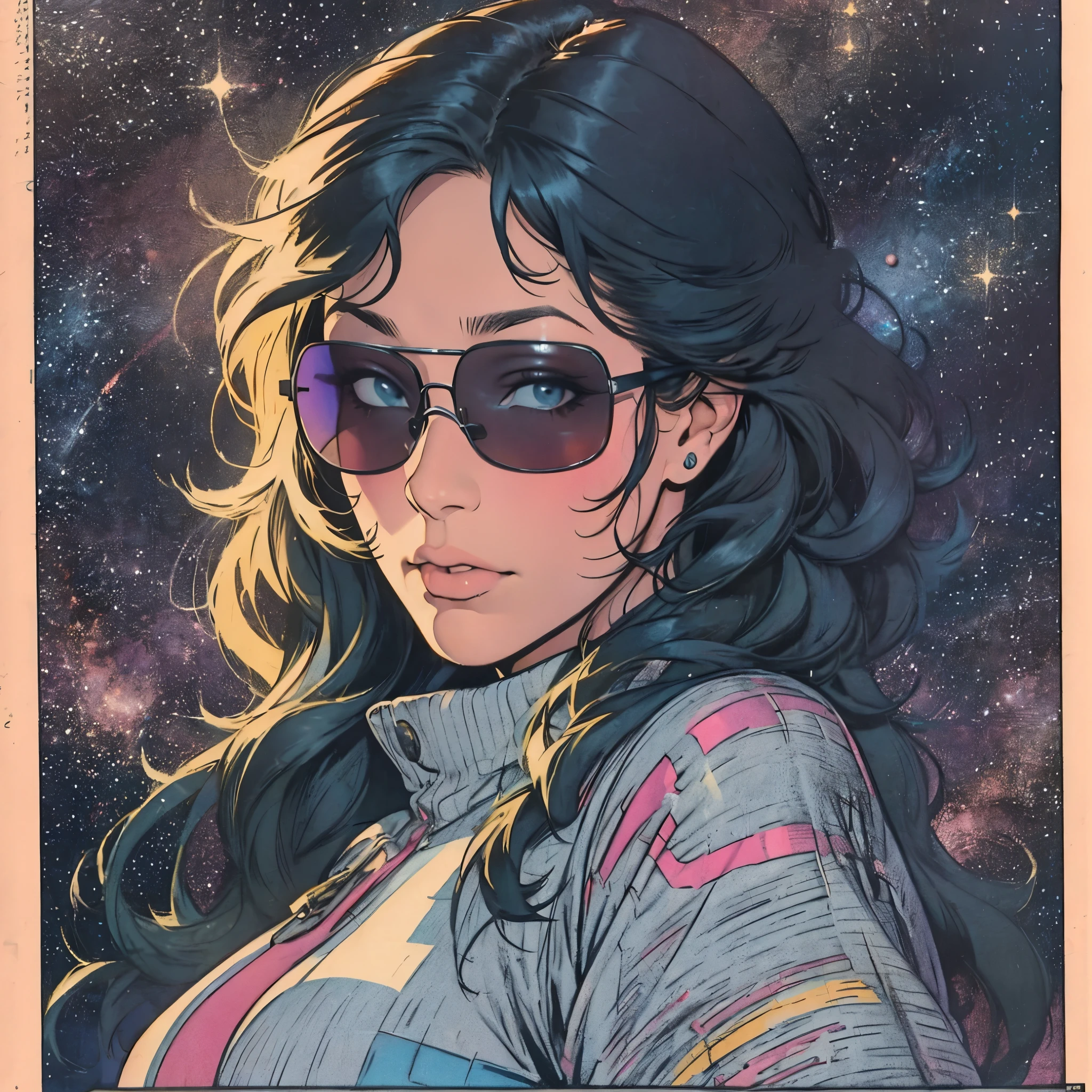 ultimate best quality,beautiful woman,speech bubble,big brest,galaxy,60s,70s,80s,colorful,cosmo,space,sunglass