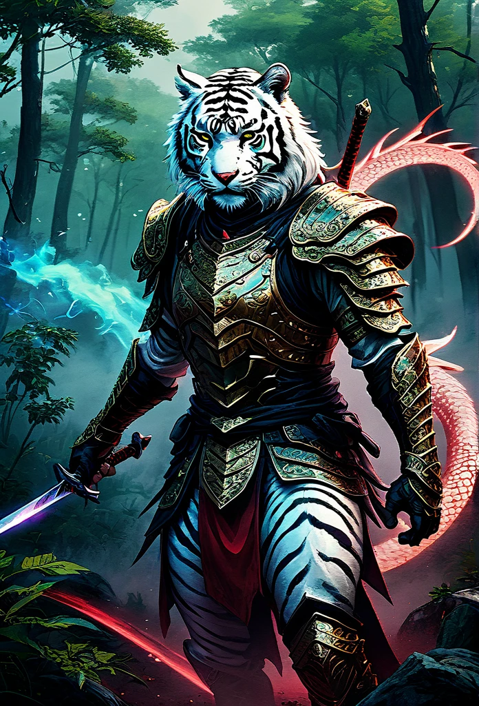 Realistic portrait 8k,of many elements In the middle of the picture is a female assassin dressed in black and gold armor, standing with a sword. ,Big white tiger, pair of flying red fire dragon demons. Group of ninja assassins in the middle of the forest,Thick fog,sky color sky green blue,sparks,sky color smoke,was bombarded Around him there was a light armor that looked like glowing neon.,Full body ,hight detail,light chiaroscuro,hight speed action drama,stream line follow,brush stroke faces,lines laser white เขียว,sky,red,purple,glows,
The mist has the neon glow of gems, twinkling, glistening, sparkling. ,blackdrop, backdrop, light, shadows, depth.