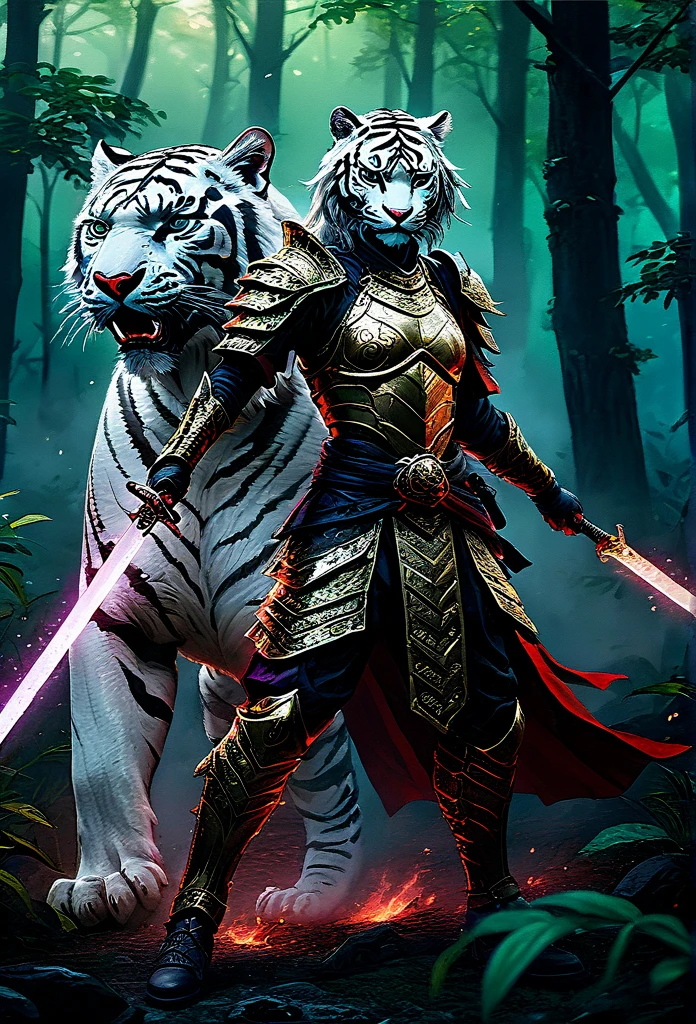 Realistic portrait 8k,of many elements In the middle of the picture is a female assassin dressed in black and gold armor, standing with a sword. ,Big white tiger, pair of flying red fire dragon demons. Group of ninja assassins in the middle of the forest,Thick fog,sky color sky green blue,sparks,sky color smoke,was bombarded Around him there was a light armor that looked like glowing neon.,Full body ,hight detail,light chiaroscuro,hight speed action drama,stream line follow,brush stroke faces,lines laser white เขียว,sky,red,purple,glows,
The mist has the neon glow of gems, twinkling, glistening, sparkling. ,blackdrop, backdrop, light, shadows, depth.