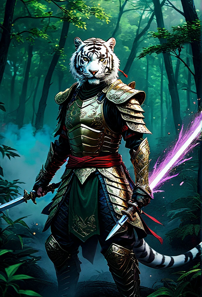 Realistic portrait 8k,of many elements In the middle of the picture is a female assassin dressed in black and gold armor, standing with a sword. ,Big white tiger, pair of flying red fire dragon demons. Group of ninja assassins in the middle of the forest,Thick fog,sky color sky green blue,sparks,sky color smoke,was bombarded Around him there was a light armor that looked like glowing neon.,Full body ,hight detail,light chiaroscuro,hight speed action drama,stream line follow,brush stroke faces,lines laser white เขียว,sky,red,purple,glows,
 The mist has the neon glow of gems, twinkling, glistening, sparkling. ,blackdrop, backdrop, light, shadows, depth.


