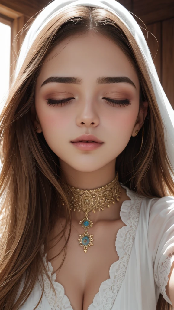 Close-up of a woman who closed her eyes and parted her perfect lips, blushing very hard, cara y labios besables, amazing makeup, contra una pared