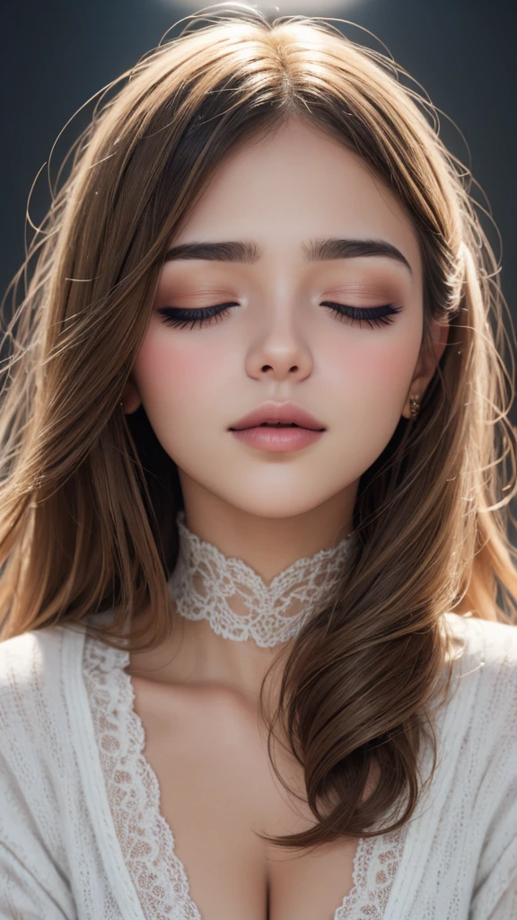 Close-up of a woman who closed her eyes and parted her perfect lips, blushing very hard, cara y labios besables, amazing makeup, contra una pared