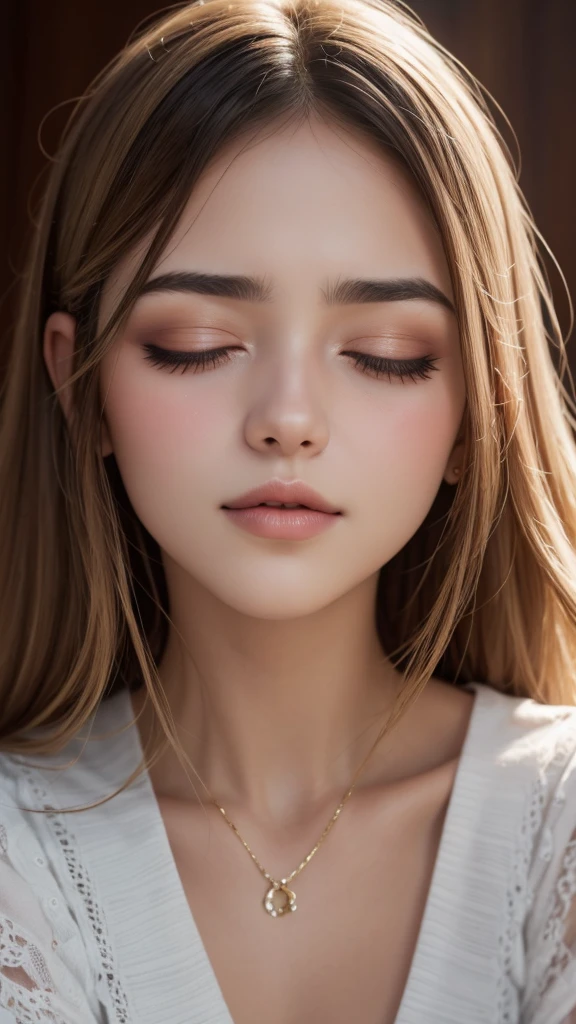 Close-up of a woman who closed her eyes and parted her perfect lips, blushing very hard, cara y labios besables, amazing makeup, contra una pared