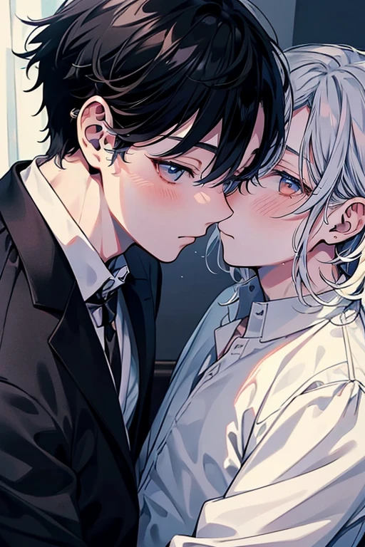 (Mastepiece), (Best Quality), Very detailed, ((two men intimate)), Perfect Face, Beautiful Face, Very detailed顔,(Black Haired Man:1.3),(Man with white hair:1.3),suit,shirt