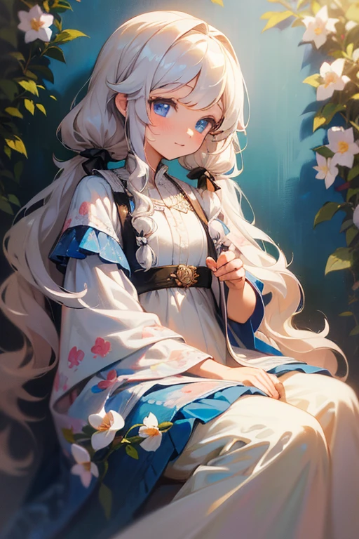 (streamer, white, wavy hair, two high pigtails, rest of the hair down, blue eyes), oil painting, detailed flowers in the background, elegant dress, soft lighting, vibrant colors.
