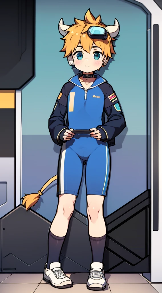 Two-dimensional boy，One-piece mountaineering suit，horn，cow ears，Put the headphones on your head，stand up，goggles，sports shoes，Slim，😊，Sailor collar，Knee socks，Short sleeve，Leg ring