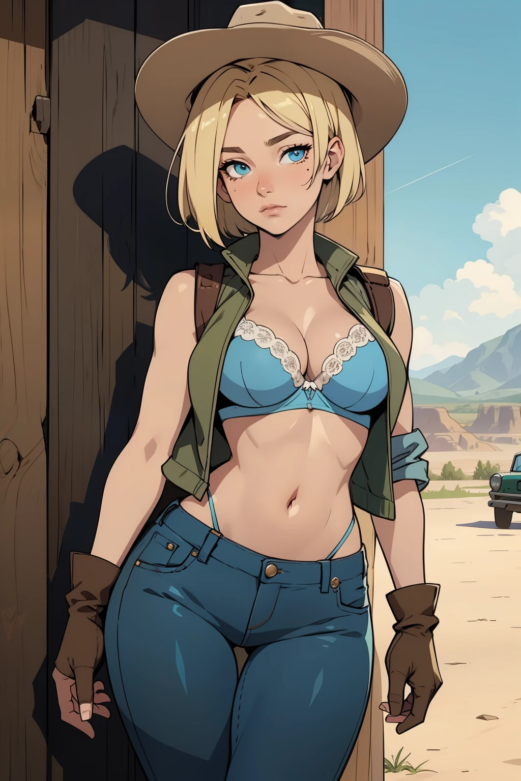 vibrant color, saturated color, colorful, 1girl, cowboy hat, beautiful face, white bra, green vest, no sleeve, navel, blue jeans, brown boots, fingerless gloves, short hair, blonde hair, parted bangs, blue eyes, mole under right eye, American old west, best quality, masterpiece, sensual but confident pose, thigh gap, wild west, sunny background,