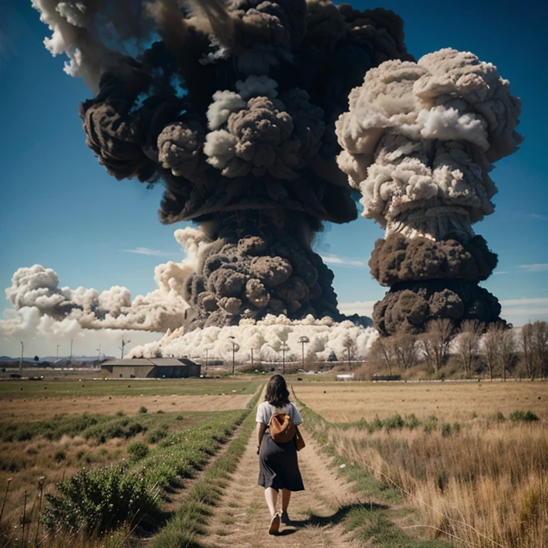 woman walking towards atomic explosion in the distance in an open field