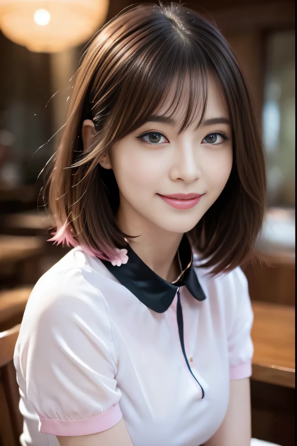 Group photo, Group photo, Very beautiful woman, Highly detailed eyes, Highly detailed face, Sexy and highly detailed lips, Super detailed everything, Attractive woman, Black Choker, blue eyes, Very long eyelashes, bangs, Big Breasts, ((smile)), highest quality, masterpiece, ((Slim face)), Japanese actress, servant, ((High nose)), ((Tight shirt、See-through shirt、Pink collar shirt)), Happy atmosphere, Fun smile, mini skirt, ((restaurant、During meals)), Medium Hair、Sumptuous cuisine、Sitting across from each other
