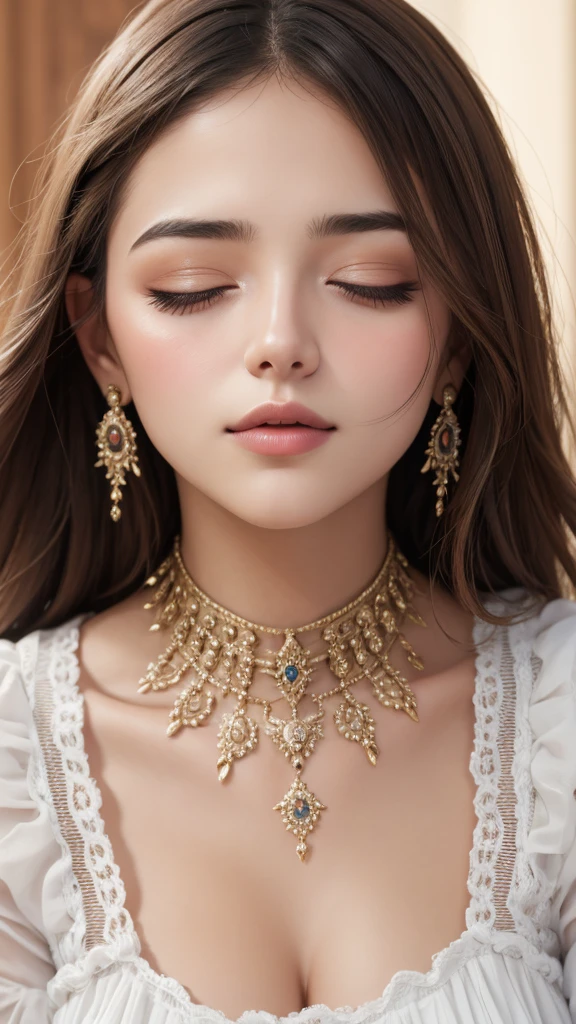 Close-up of a woman who closed her eyes and parted her perfect lips, blushing very hard, cara y labios besables, amazing makeup, contra una pared